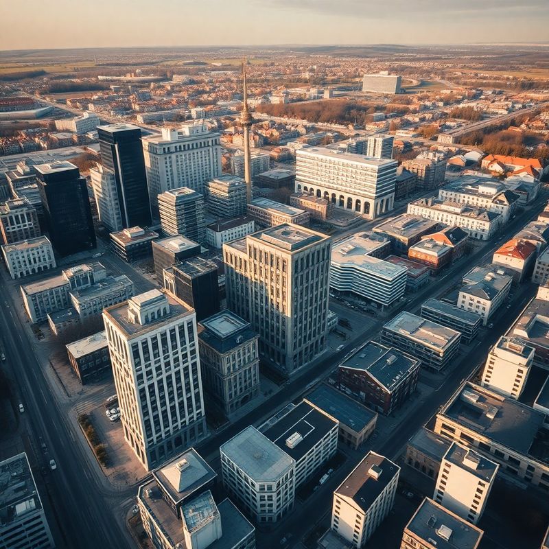 Fotografie aeriană a centrului Cluj-Napoca cu clădiri de birouri și un campus de tehnologie