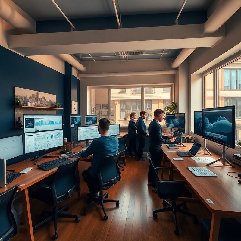 Interior de birou editorial mic în Cluj-Napoca, cu tonuri indigo și pardoseală din lemn cald