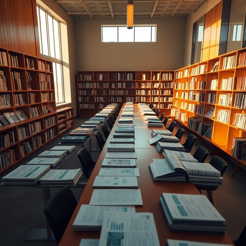 Sală de lectură cu publicații economice și tipărituri de date pe o masă lungă