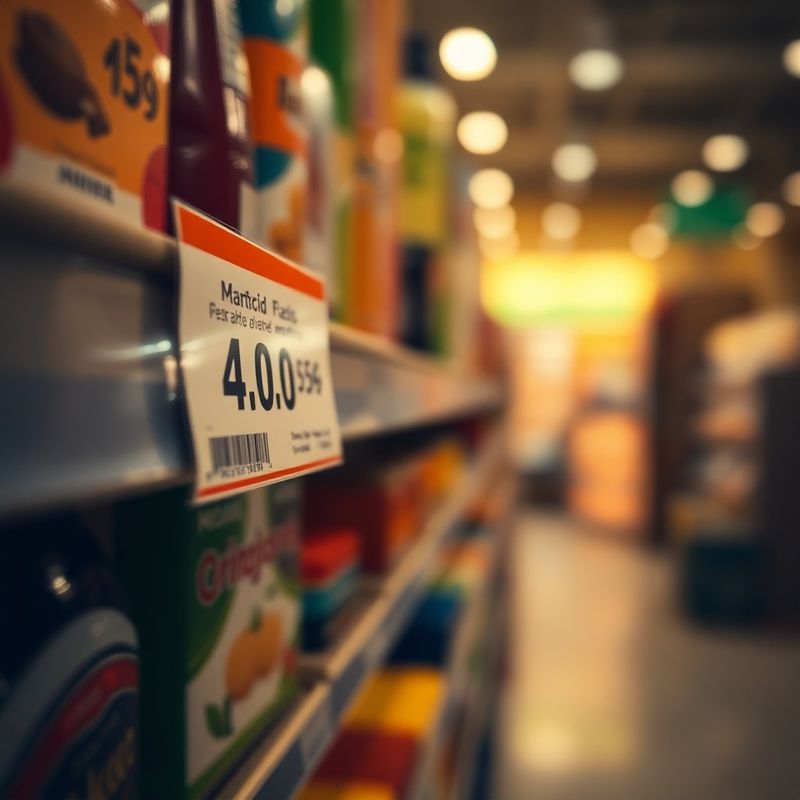 Etichetă de preț pe raft într-un supermarket din România, prim-plan cu fundal neclar