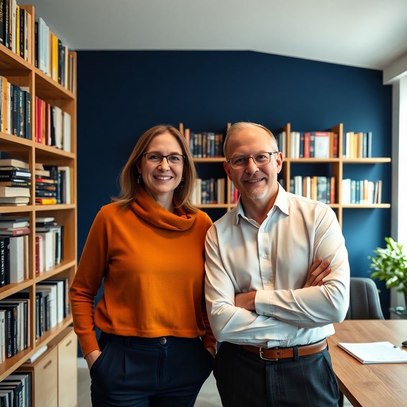 Portret editorial cu doi economiști într-un birou clujean cu perete accent indigo